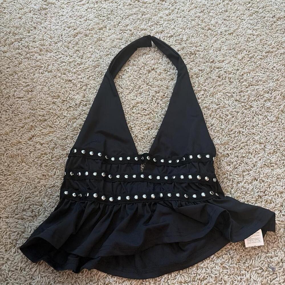 Black Halter Crop Top with Silver Studded Ruffles